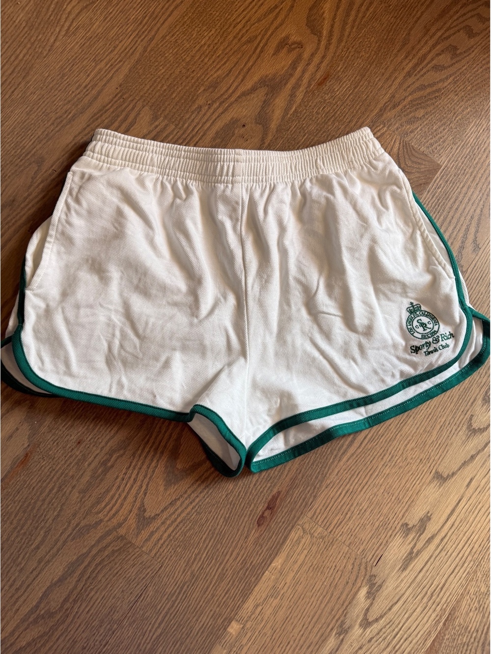 Sporty & Rich Women's Tennis Club Casual Shorts White with Green Trim - Picture 2 of 10